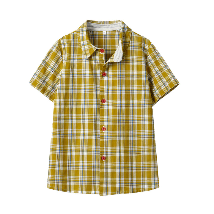 Boys Yellow Tartan Checked Spread Collar Cotton Casual Shirt