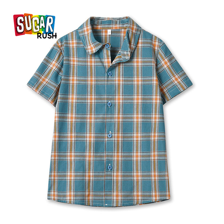 Boys Blue Tartan Checked Spread Collar Cotton Casual Shirt