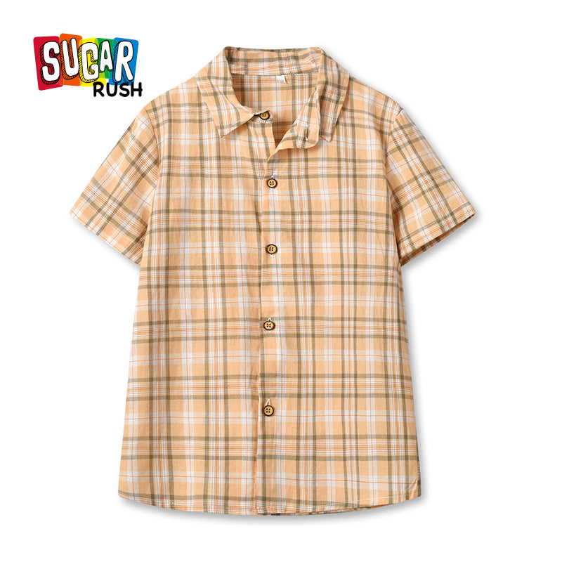 Boys Khaki Tartan Checked Spread Collar Cotton Casual Shirt
