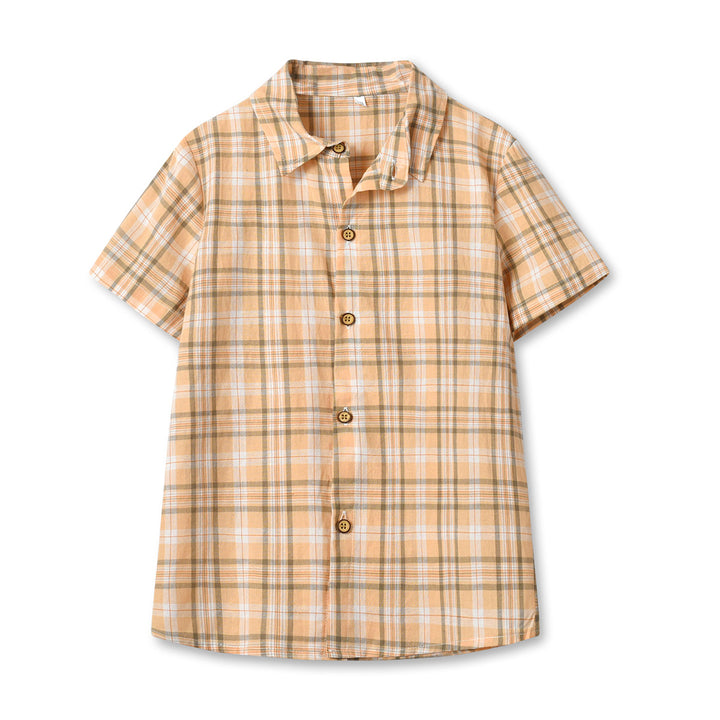 Boys Khaki Tartan Checked Spread Collar Cotton Casual Shirt