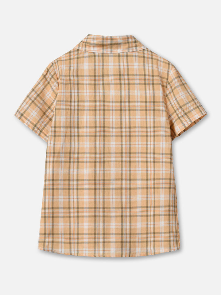 Boys Khaki Tartan Checked Spread Collar Cotton Casual Shirt