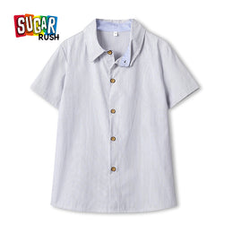 Boys Blue Vertical Striped Spread Collar Cotton Casual Shirt