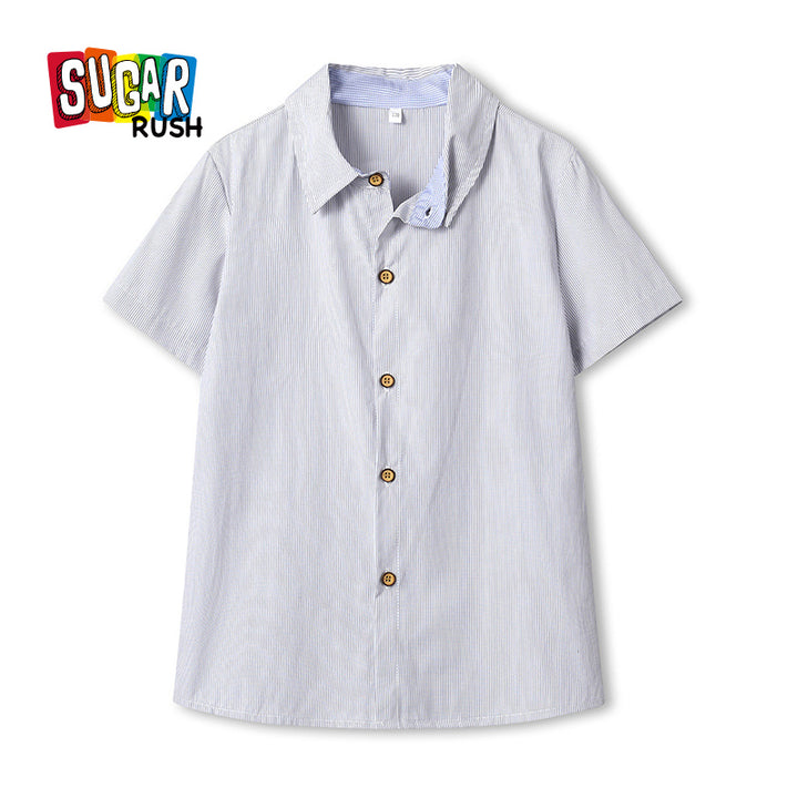 Boys Blue Vertical Striped Spread Collar Cotton Casual Shirt