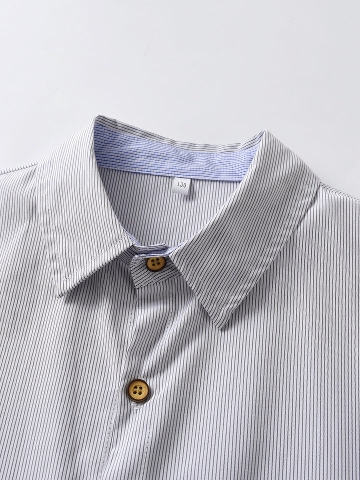 Boys Blue Vertical Striped Spread Collar Cotton Casual Shirt