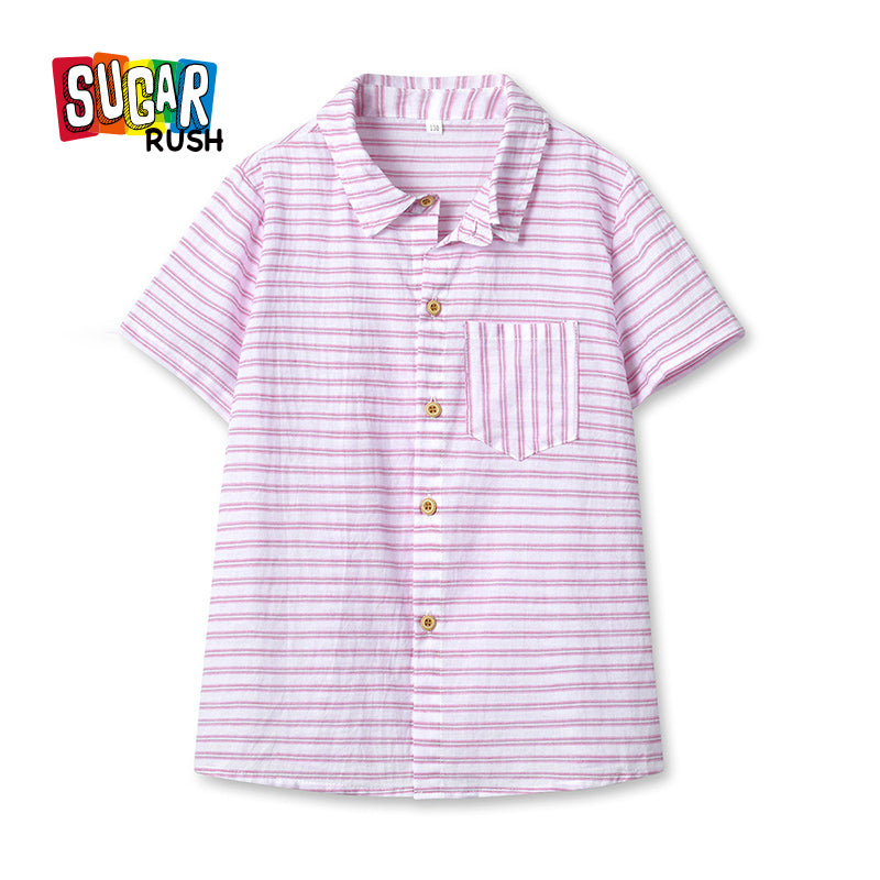 Boys Purple Horizontal Striped Spread Collar Cotton Casual Shirt
