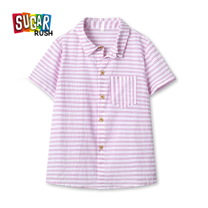 Boys Purple Horizontal Striped Spread Collar Cotton Casual Shirt