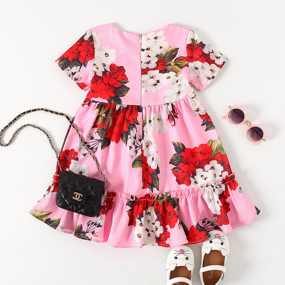 Girls Floral Print Flared Sleeve Layered Fit & Flare Dress