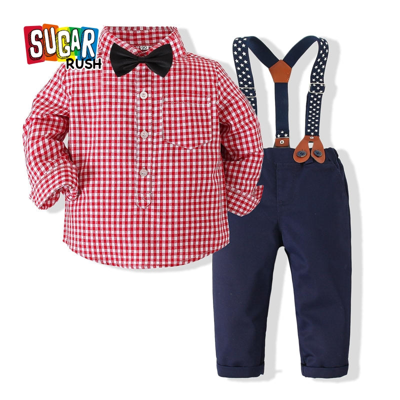 Boys Checked Pure Cotton Shirt With Trousers And Suspenders