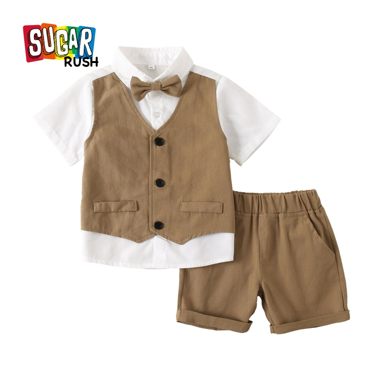 Boys Khaki Colour & White Colourblocked Shirt with Shorts