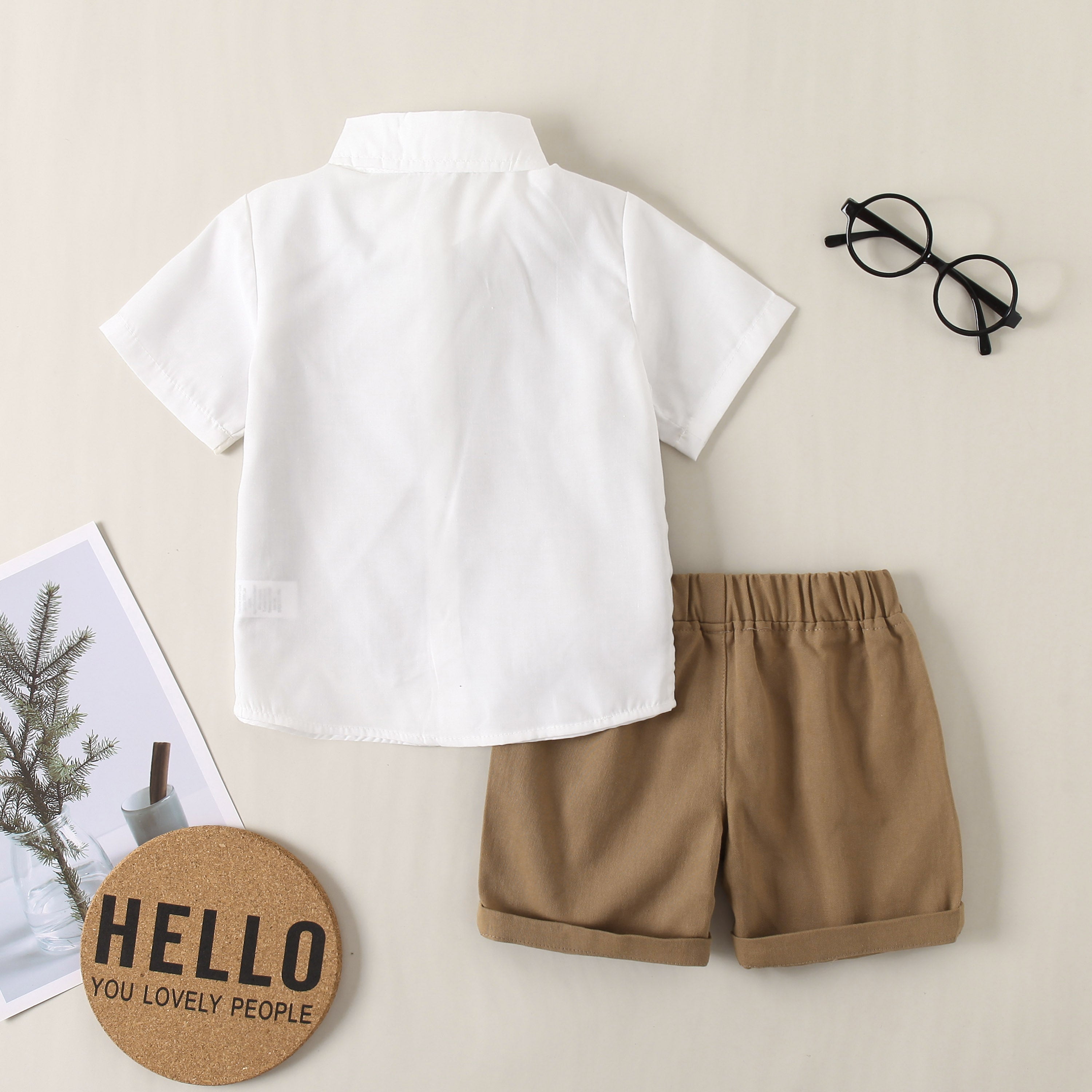 Boys Khaki Colour & White Colourblocked Shirt with Shorts