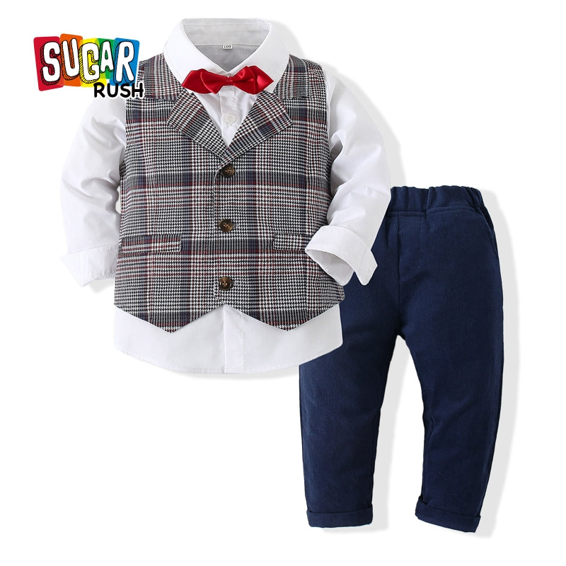 Boys Checked Pure Cotton Single-Breasted Three Piece Suit