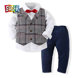 Boys Checked Pure Cotton Single-Breasted Three Piece Suit
