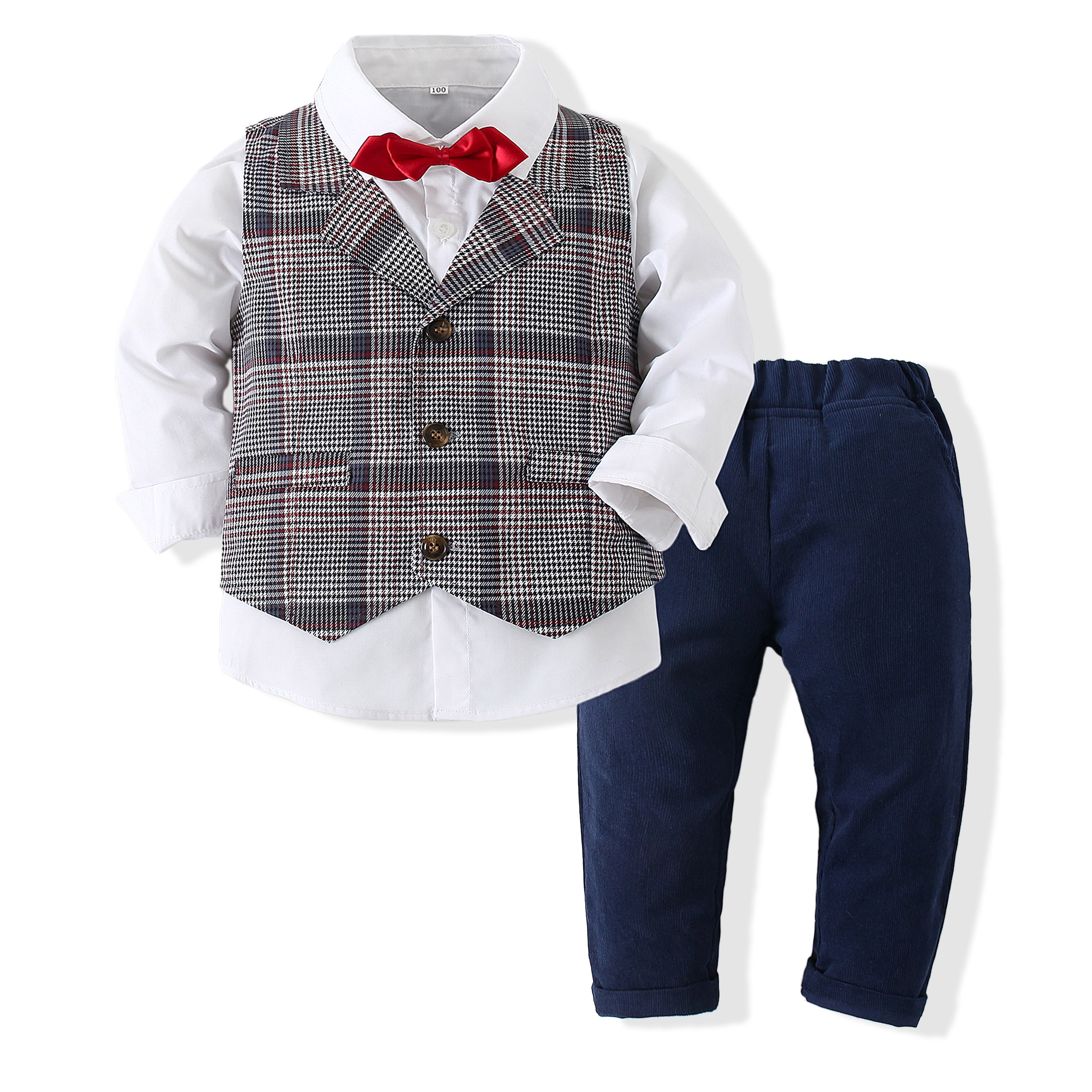 Boys Checked Pure Cotton Single-Breasted Three Piece Suit