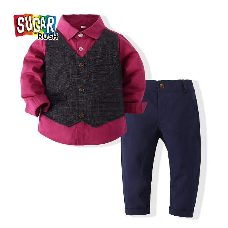 Boys Checked Cotton Three-Piece Party Suits