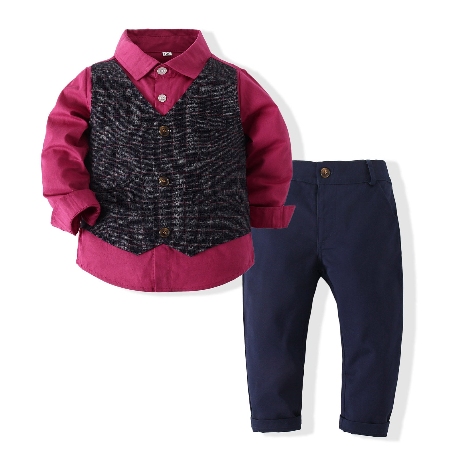 Boys Checked Cotton Three-Piece Party Suits