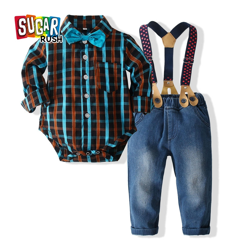 Boys Checked Pure Cotton Shirt With Trouser & Suspenders
