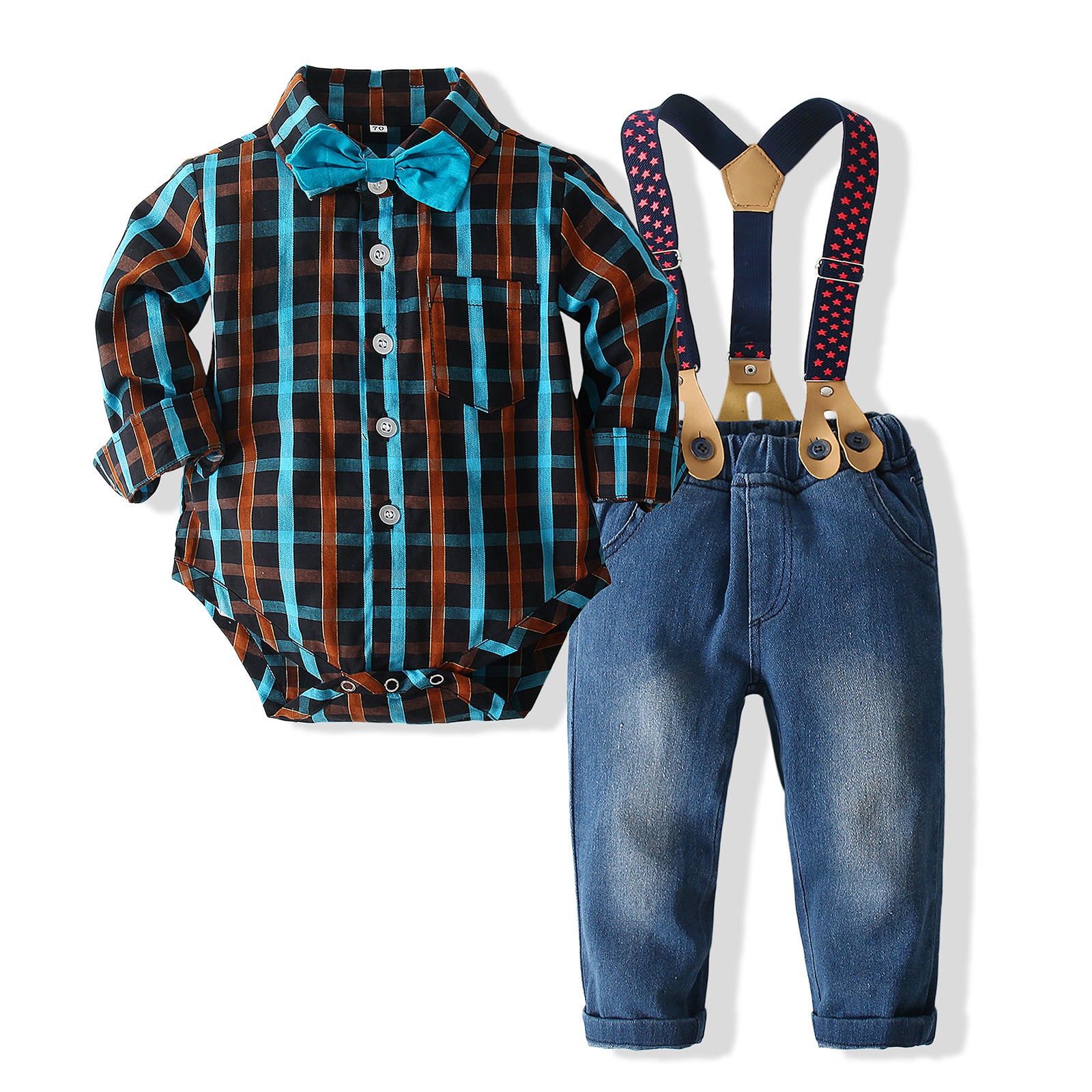 Boys Checked Pure Cotton Shirt With Trouser & Suspenders