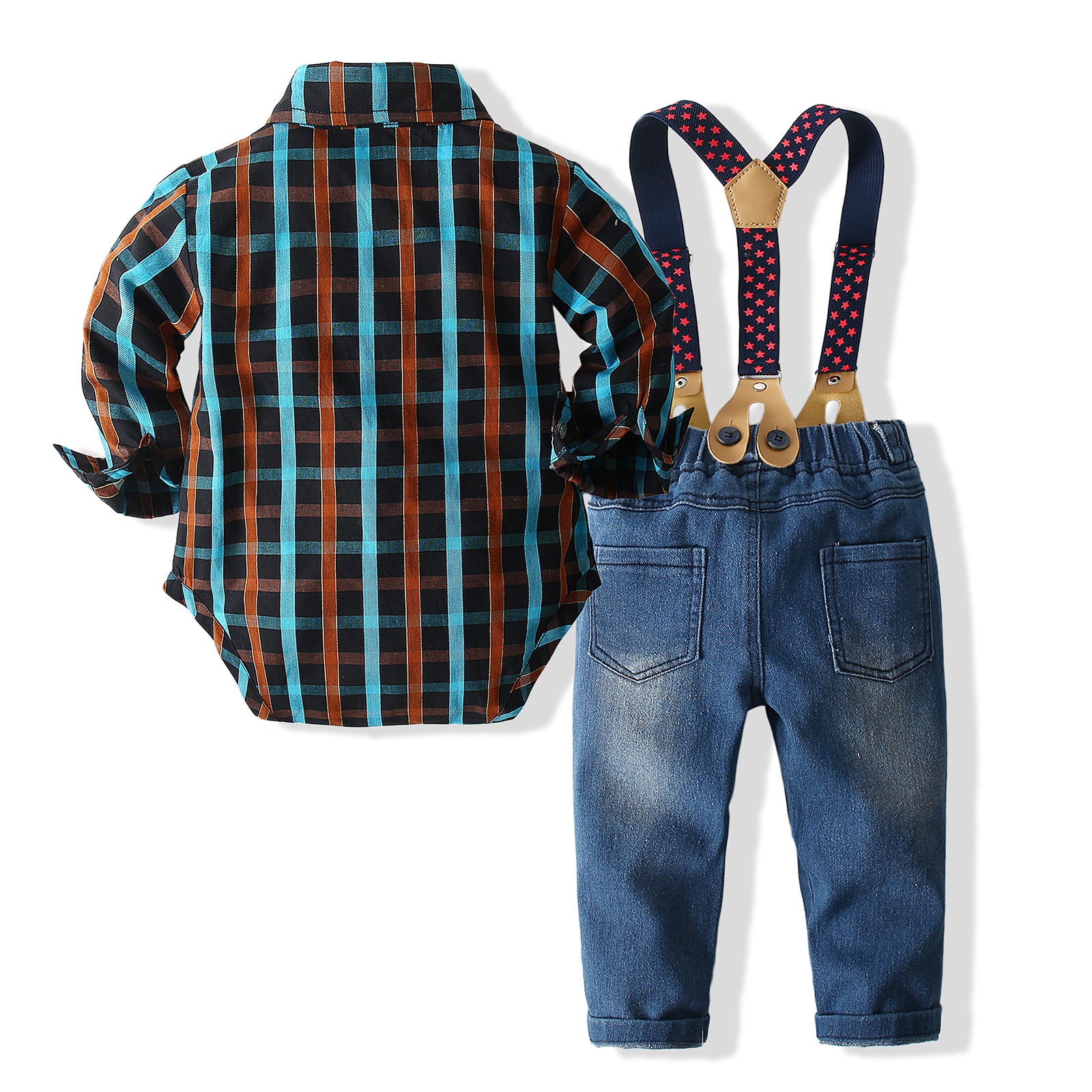 Boys Checked Pure Cotton Shirt With Trouser & Suspenders