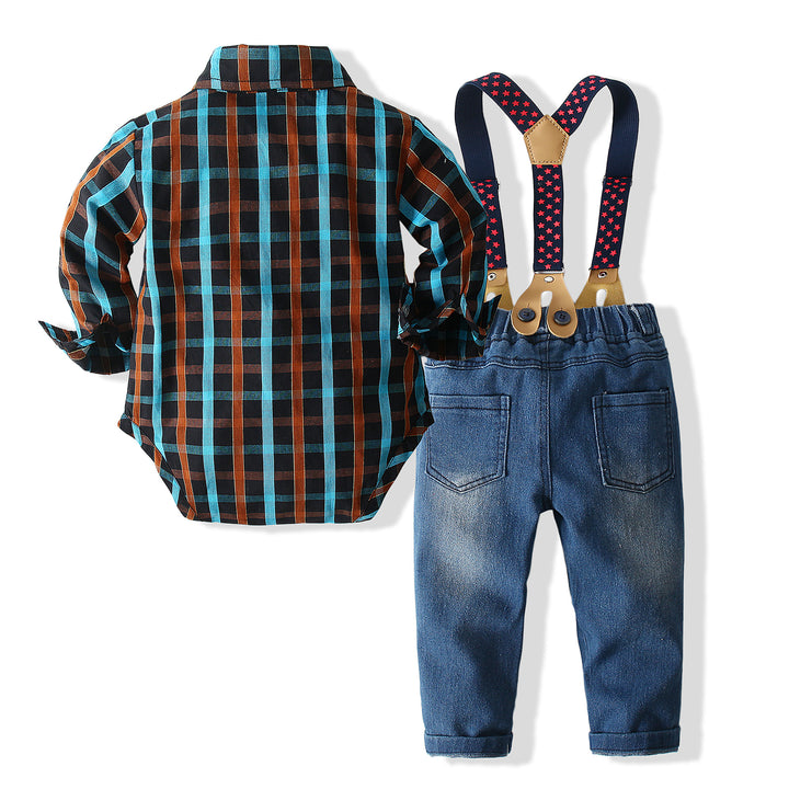 Boys Checked Pure Cotton Shirt With Trouser & Suspenders