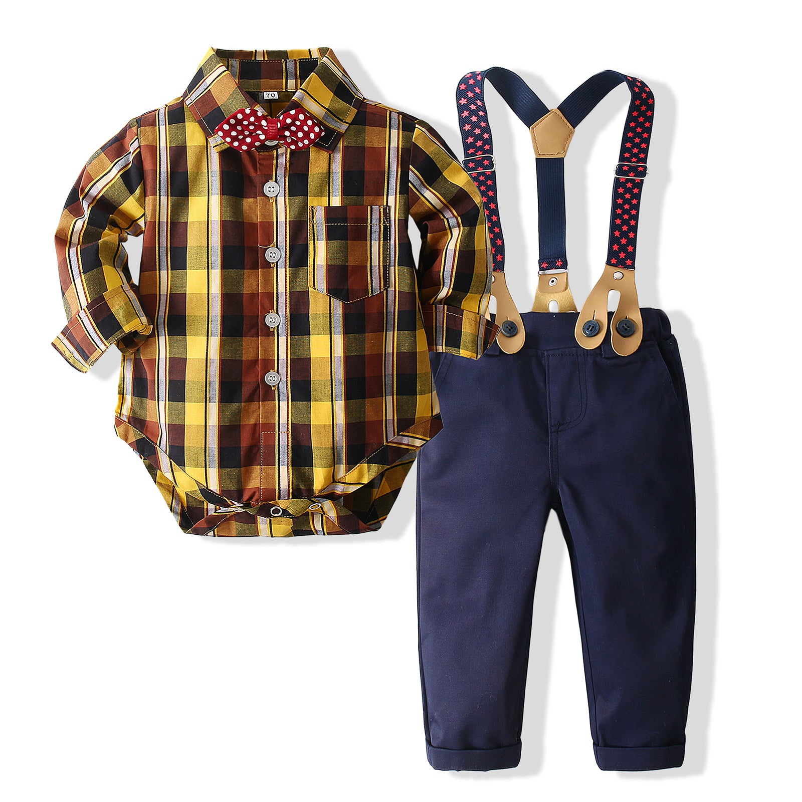 Boys Checked Pure Cotton Shirt With Trousers And Suspenders
