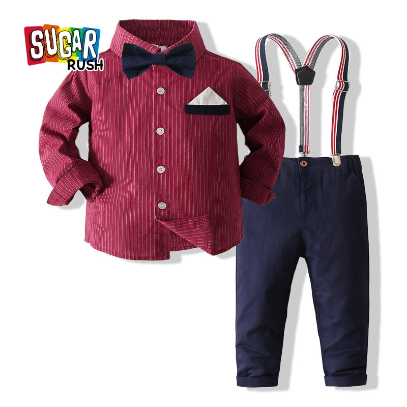 Boys Striped Pure Cotton Shirt With Trousers And Suspenders