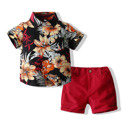 Boys Printed Short Sleeves Shirt Collar Cotton Shirt with Shorts