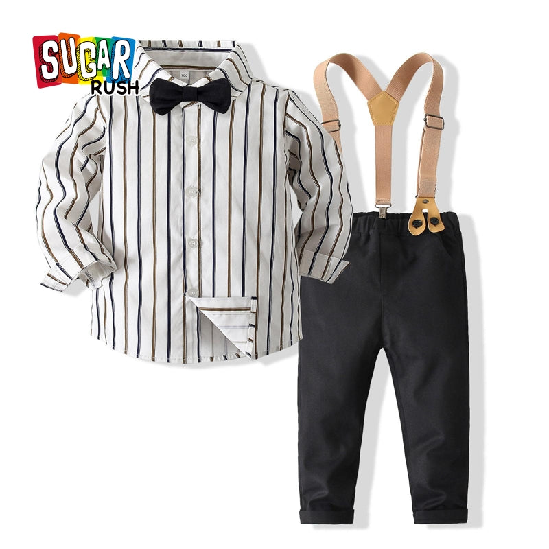 Boys Striped Pure Cotton Shirt With Trouser & Suspenders