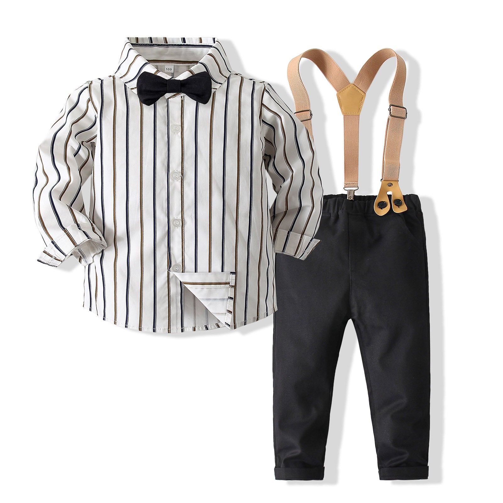 Boys Striped Pure Cotton Shirt With Trouser & Suspenders