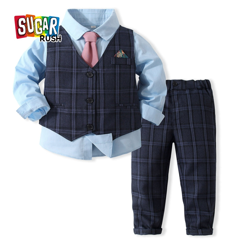 Boys Checked Pure Cotton Three Piece Suit