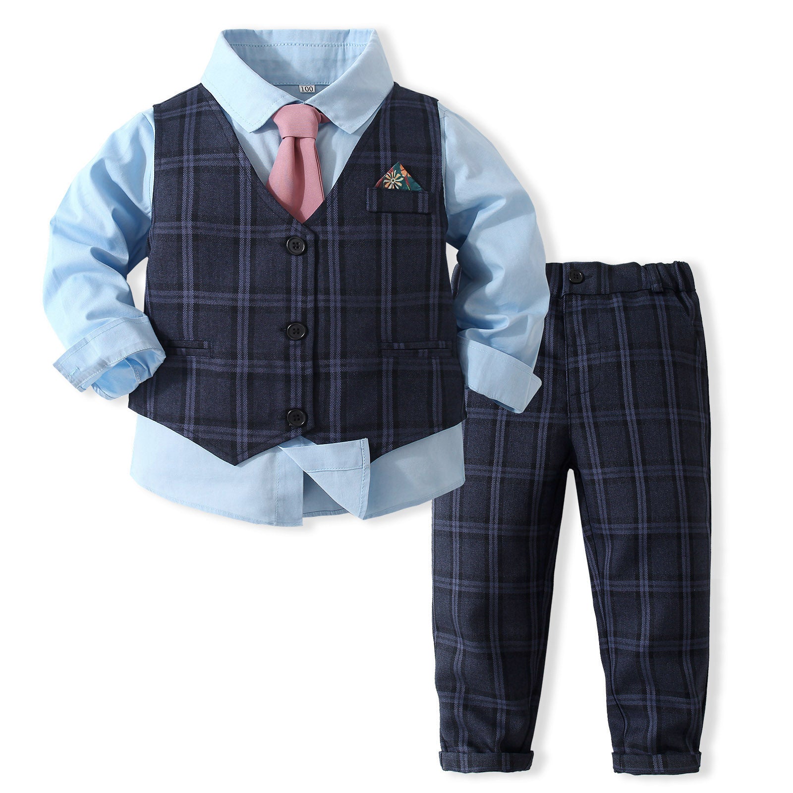 Boys Checked Pure Cotton Three Piece Suit