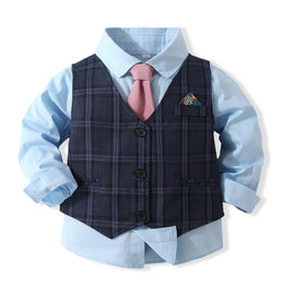 Boys Checked Pure Cotton Three Piece Suit