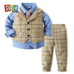 Boys Checked Pure Cotton Single-Breasted Three Piece Suit