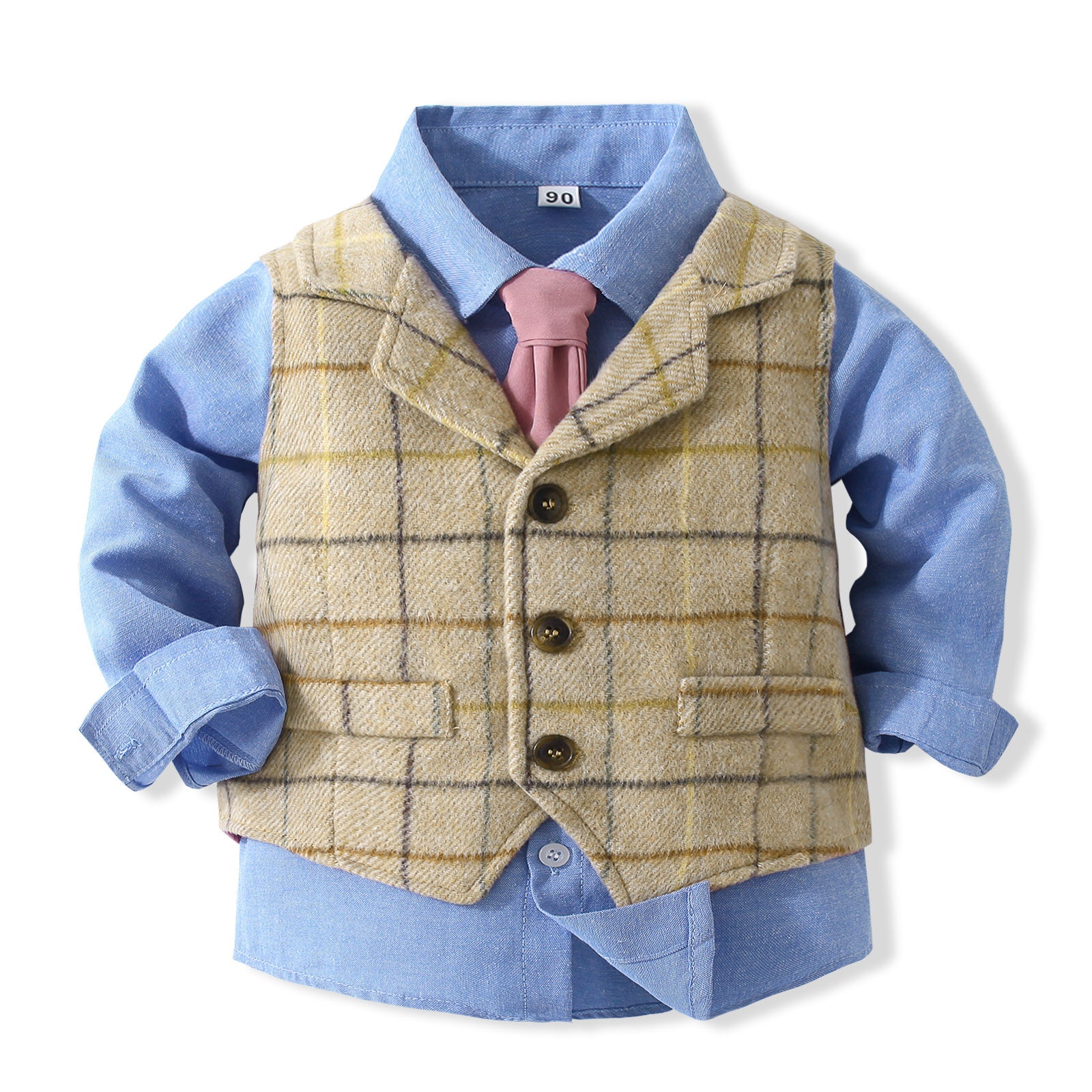 Boys Checked Pure Cotton Single-Breasted Three Piece Suit