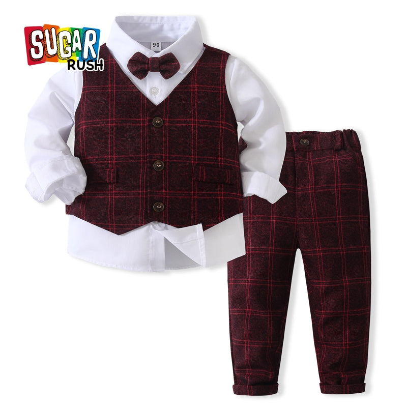 Boys Checked Pure Cotton Single-Breasted Three Piece Suit
