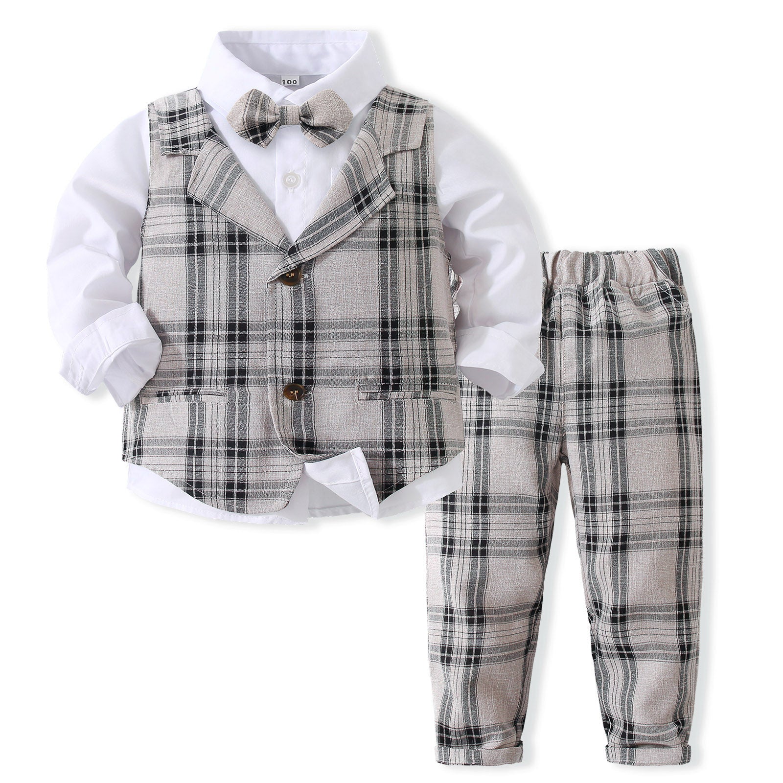 Boys Checked Pure Cotton Single-Breasted Three Piece Suit