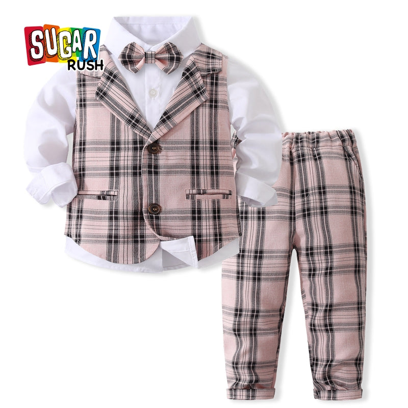 Boys Checked Pure Cotton Single-Breasted Three Piece Suit