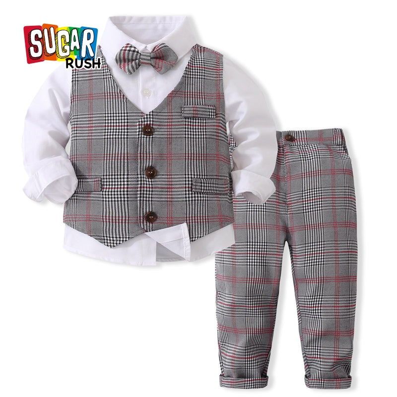 Boys Checked Pure Cotton Single-Breasted Three Piece Suit