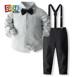 Boys Grey & Black Shirt Collar Striped Shirt with Trousers