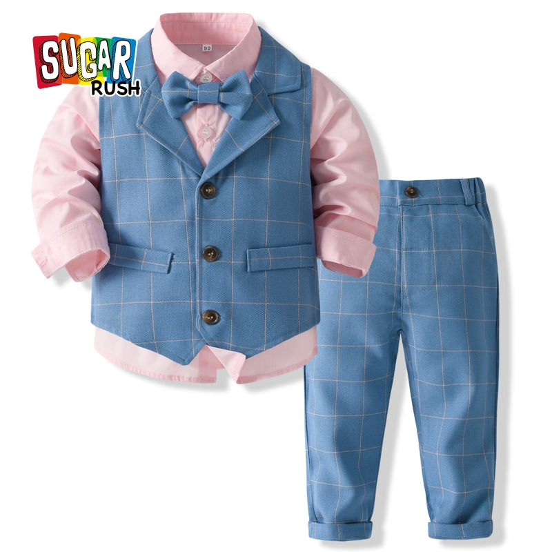 Boys Checked Pure Cotton Single-Breasted Three Piece Suit