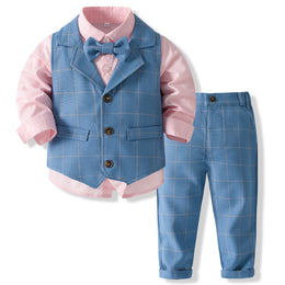 Boys Checked Pure Cotton Single-Breasted Three Piece Suit