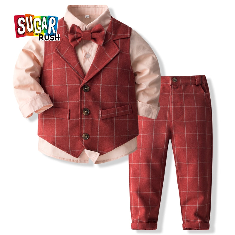 Boys Checked Cotton Three-Piece Party Suits