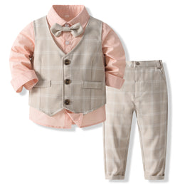 Boys Checked 3-Piece Single-Breasted Cotton Suits