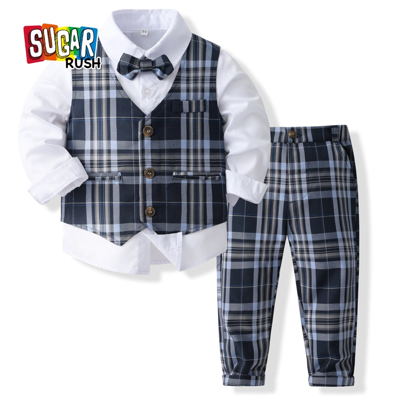 Boys Checked Pure Cotton Single-Breasted Three Piece Suit