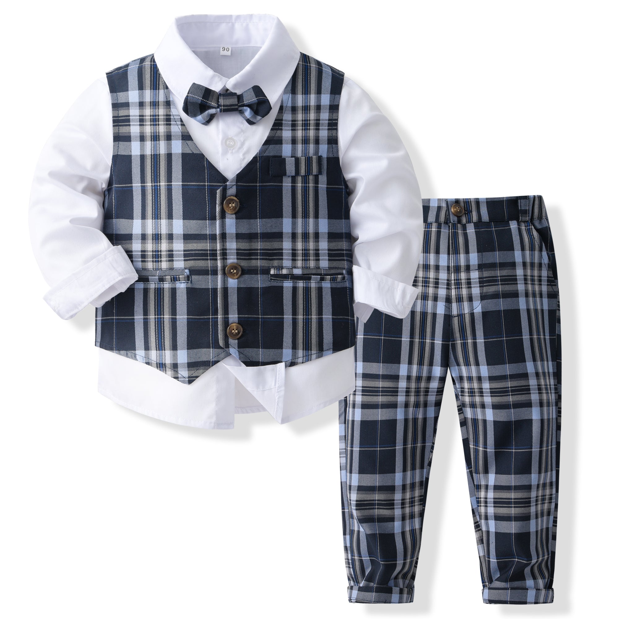 Boys Checked Pure Cotton Single-Breasted Three Piece Suit