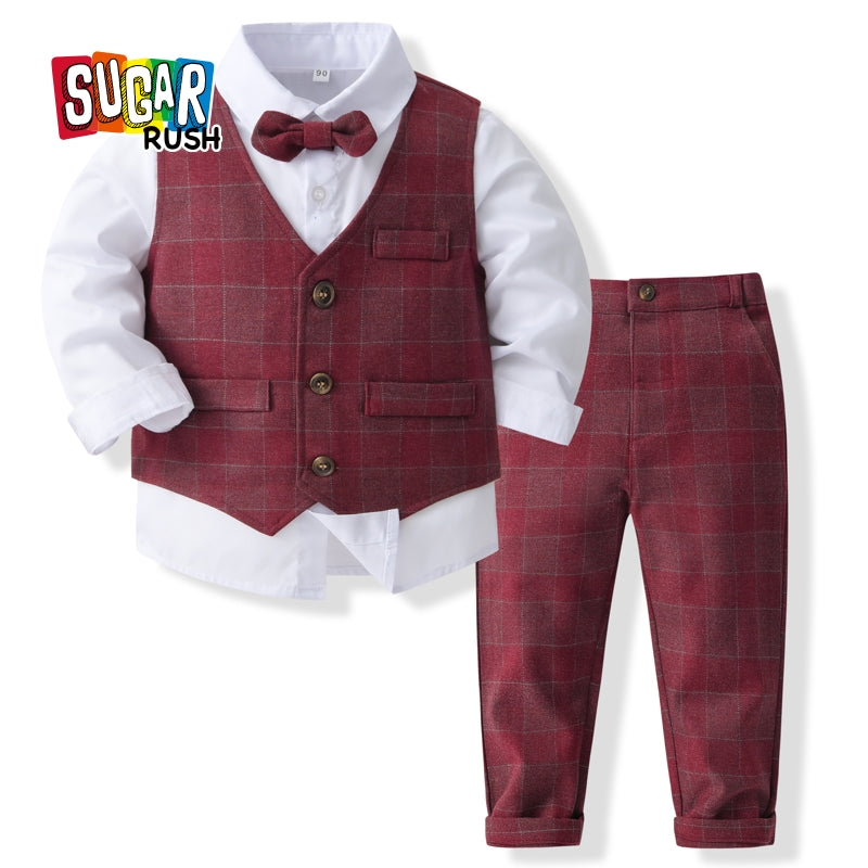Boys Checked Cotton Three-Piece Party Suits