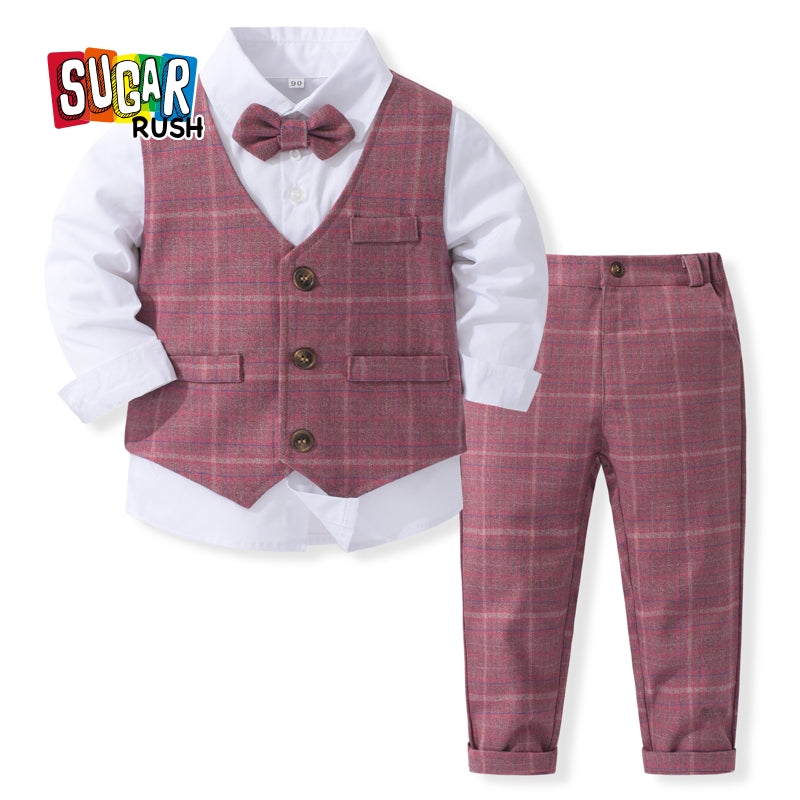 Boys Checked Pure Cotton Single-Breasted Three Piece Suit