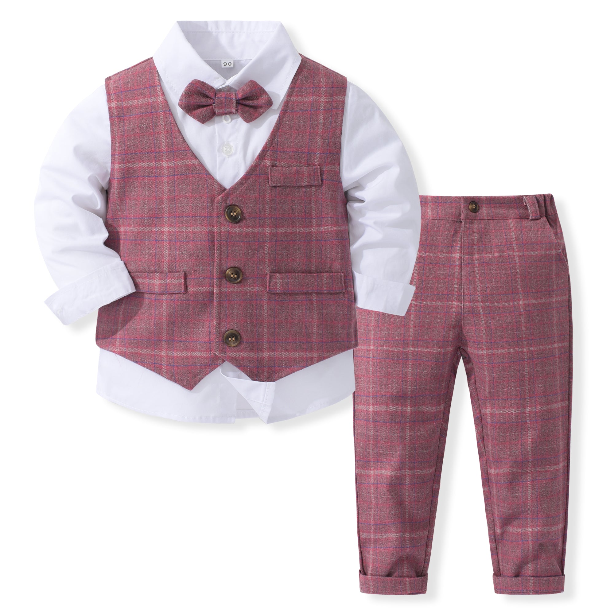 Boys Checked Pure Cotton Single-Breasted Three Piece Suit