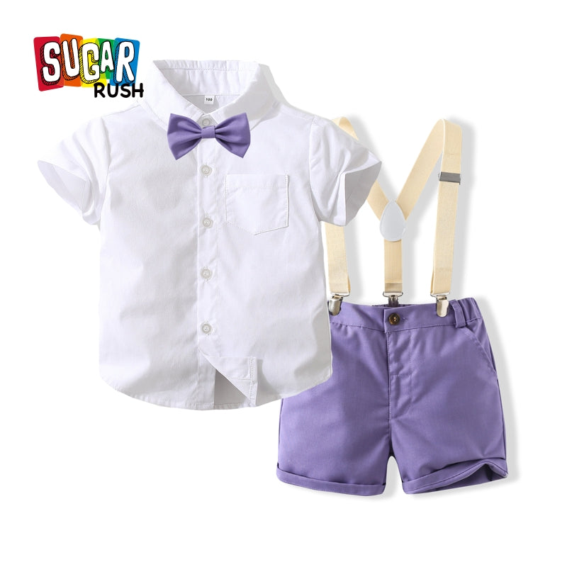 Boys Purple & White Pure Cotton Shirt with Shorts Set