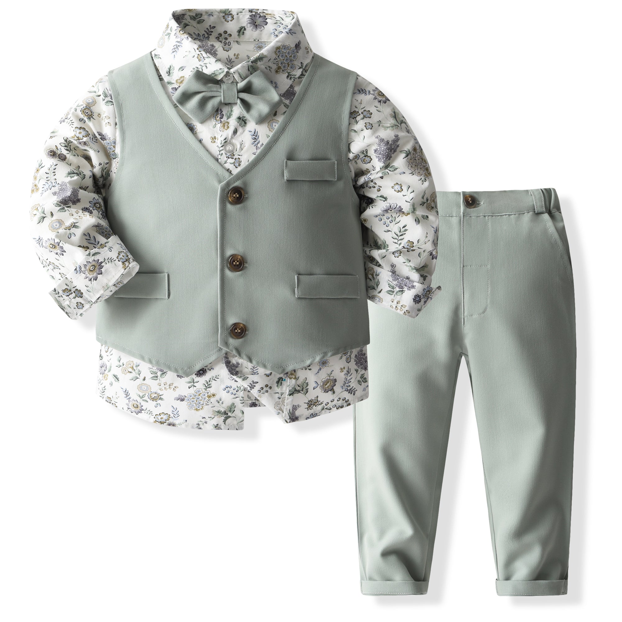 Boys Green & White Printed Shirt with Trousers