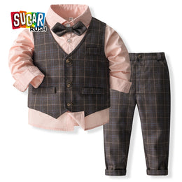 Boys Checked 3-Piece Single-Breasted Cotton Suits